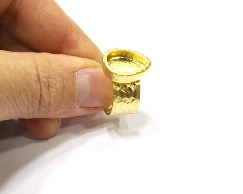 Gold Ring Blank Setting Cabochon Base inlay Ring Hammered Mounting Adjustable Ring Bezel (14x10mm blank ) Gold Plated Metal G16510
