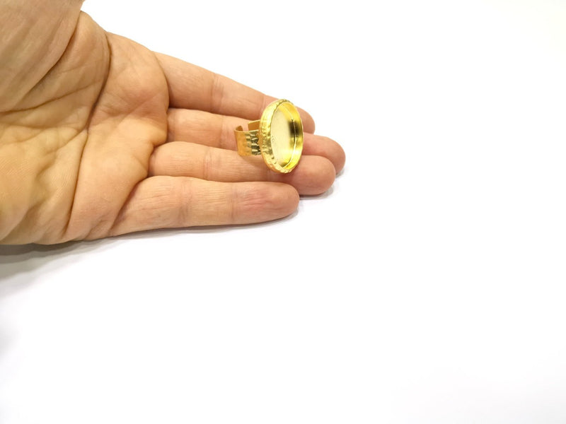 Gold Ring Blank Setting Cabochon Base inlay Ring Hammered Mounting Adjustable Ring Bezel (25mm blank ) Gold Plated Metal G16511