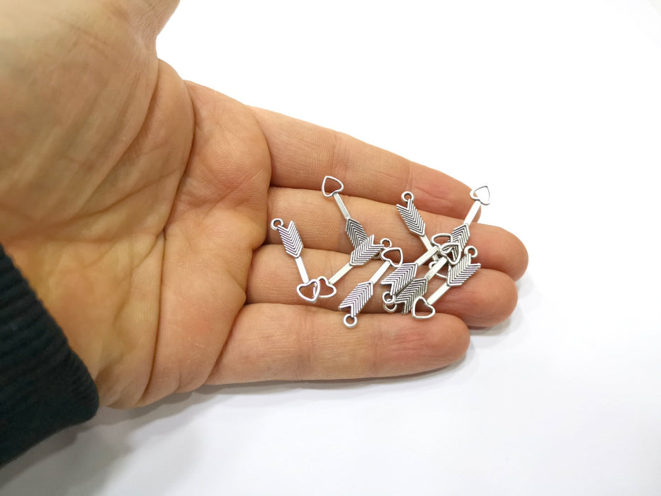 10 Heart Arrow Charms Antique Silver Plated Charms (24x5mm)  G16528