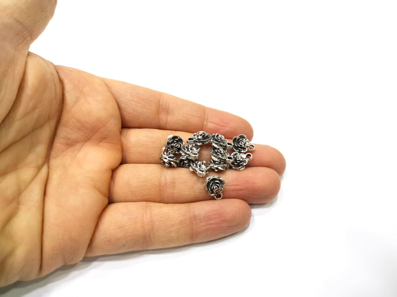 10 Rose Flower Charms Antique Silver Plated Charms Double sided (11x9mm)  G16598