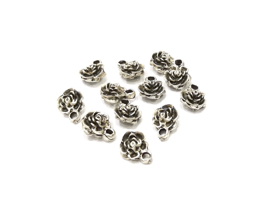 10 Rose Flower Charms Antique Silver Plated Charms Double sided (11x9mm)  G16598