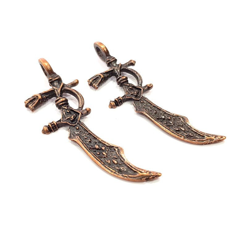 2 Sword Charm Antique Copper Charm Antique Copper Plated Metal (64x21mm) G15731