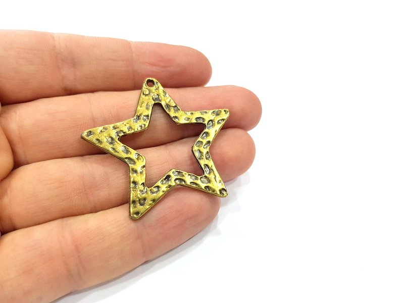 2 Hammered Star Charm Antique Bronze Charm Antique Bronze Plated Metal  (42mm) G15836