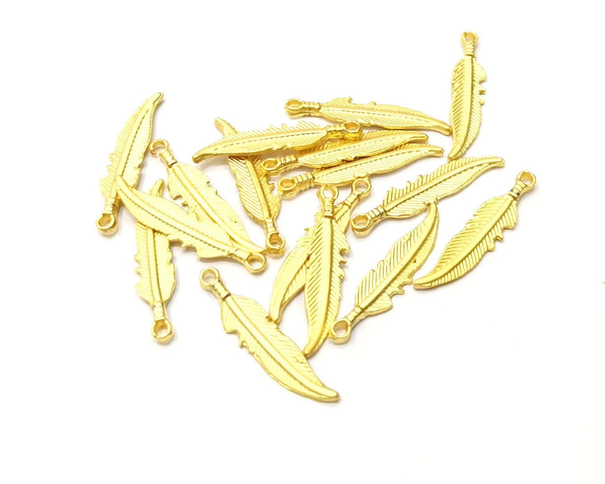 10 Feather Charms Gold Plated Charms  (25x5mm)  G16668