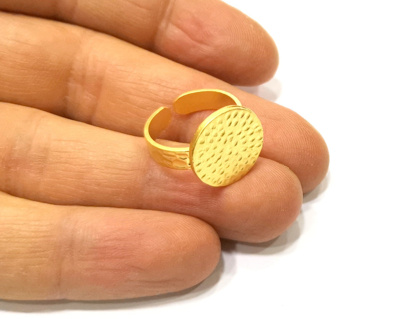 Gold Ring Blank Setting Cabochon Base Ring Hammered Mounting Adjustable Ring Bezel (16mm blank ) Gold Plated Metal G16671