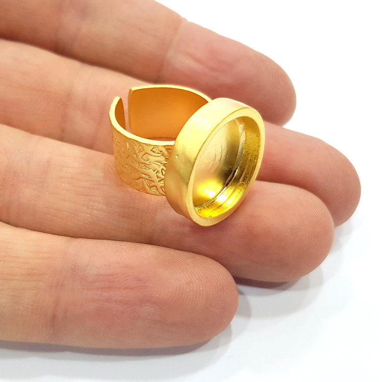 Gold Ring Base Blank Setting Cabochon Base inlay Ring Backs Mounting Adjustable Ring Base Bezel (16mm blank ) Gold Plated Metal G15880