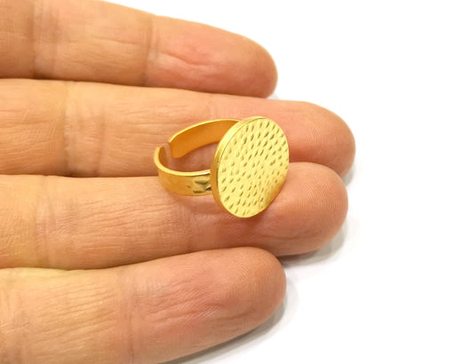 Gold Ring Blank Setting Cabochon Base Ring Hammered Mounting Adjustable Ring Bezel (18mm blank ) Gold Plated Metal G16692
