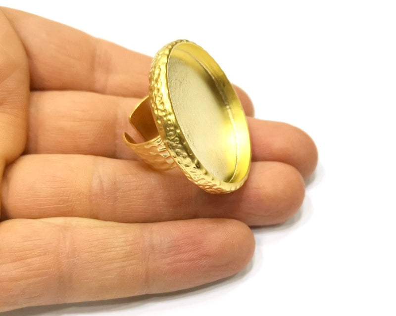 Hammered Ring Blank Setting Cabochon Base inlay Ring Hammered Mounting Adjustable Ring Bezel (35mm blank ) Gold Plated Metal G16706