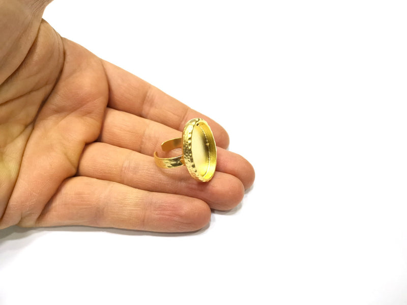Hammered Ring Blank Setting Cabochon Base inlay Ring Hammered Mounting Adjustable Ring Bezel (25x18mm blank ) Gold Plated Metal G16716