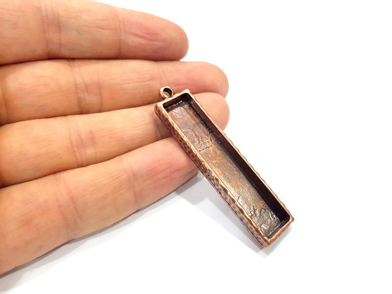 2 Copper Pendant Blank Resin Base Hammered Cabochon Blank Mosaic inlay Necklace Mounting Antique Copper Plated Metal (50x10mm blank)  G15920