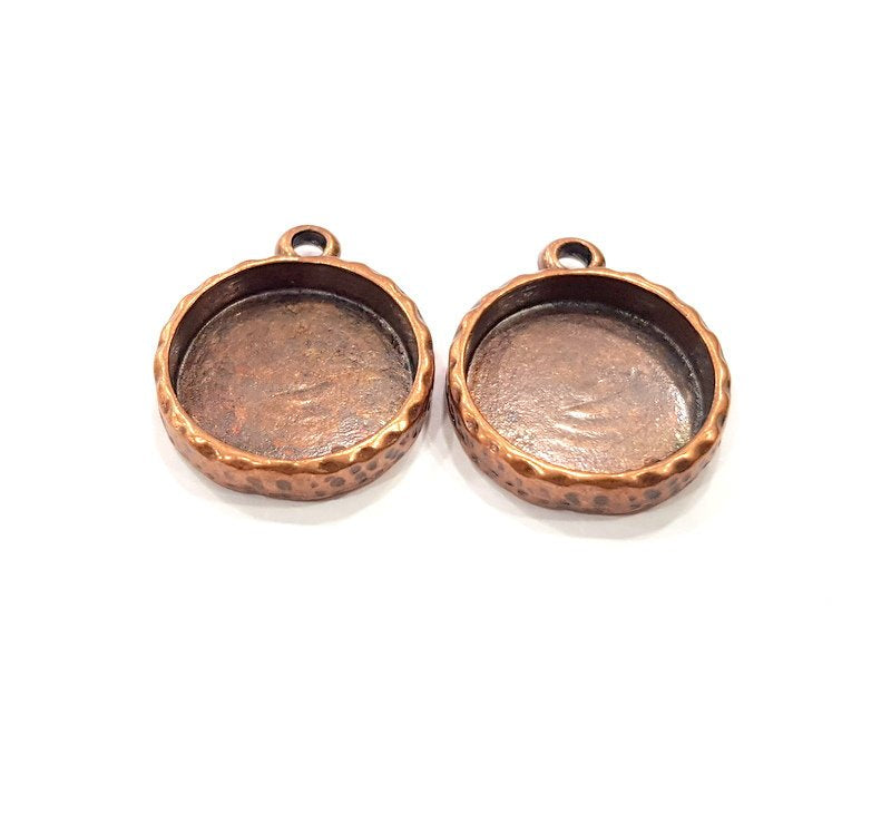 2 Copper Pendant Blank Resin Base Hammered Cabochon Blank Mosaic inlay Necklace Mountings Antique Copper Plated Metal (18 mm blank)  G15921
