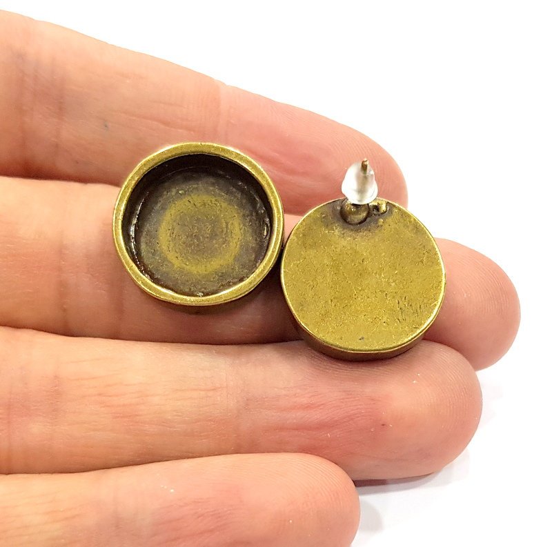 Earring Blank Backs Antique Bronze Resin Base inlay Blank Cabochon Mountings Setting Antique Bronze Plated Metal (16mm blank) 1 pair G15930