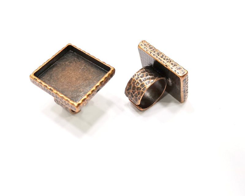 Copper Ring Blank Setting Hammered Cabochon Base inlay Ring Backs Mounting Adjustable Ring Base Bezel (25x25mm) Antique Copper Plated G16895