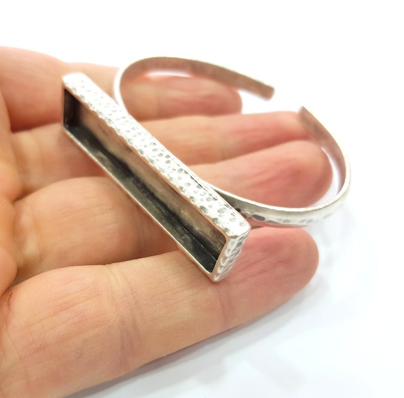 Bracelet Blank Cuff Bezel Resin Bangle inlay Blank Glass Cabochon Base Bezel Hammered Adjustable Antique Silver Bracelet (50x10mm ) G16017