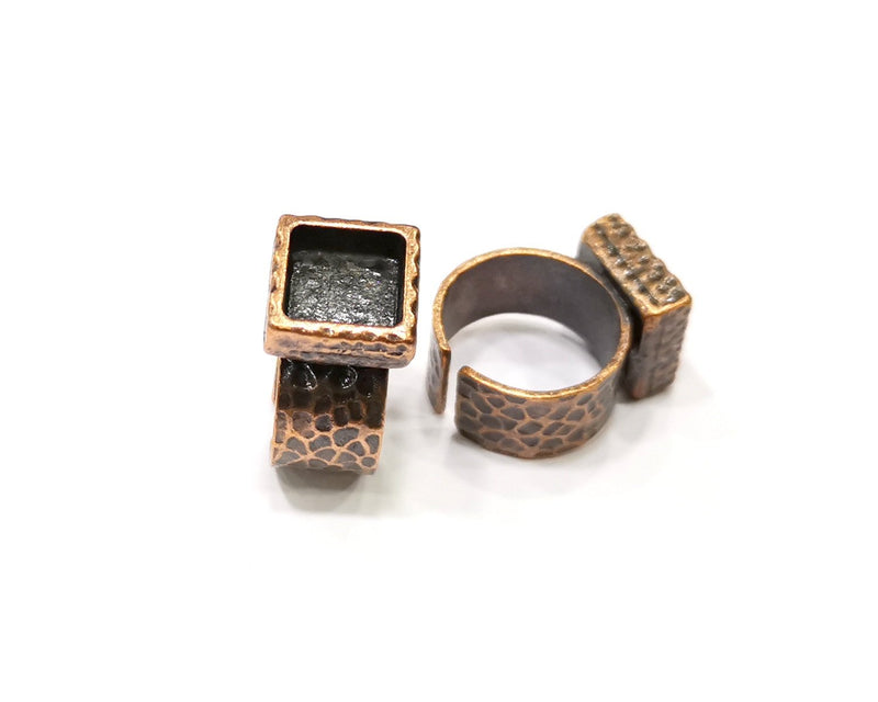 Copper Ring Blank Setting Hammered Cabochon Base inlay Ring Backs Mounting Adjustable Ring Base Bezel (10x10mm) Antique Copper Plated G16905