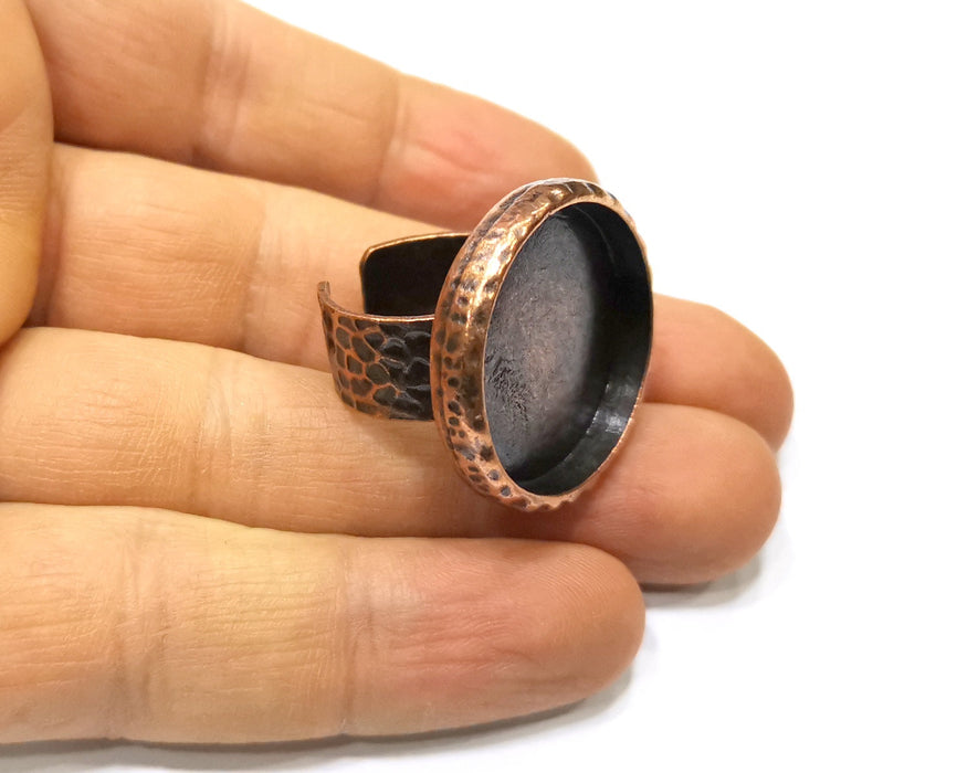 Copper Ring Blank Setting Hammered Cabochon Base inlay Ring Backs Mounting Adjustable Ring Base Bezel (25mm) Antique Copper Plated G16909