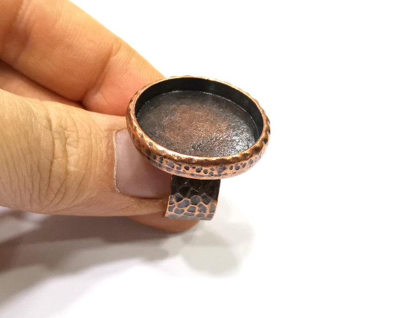 Copper Ring Blank Setting Hammered Cabochon Base inlay Ring Backs Mounting Adjustable Ring Base Bezel (25mm) Antique Copper Plated G16909