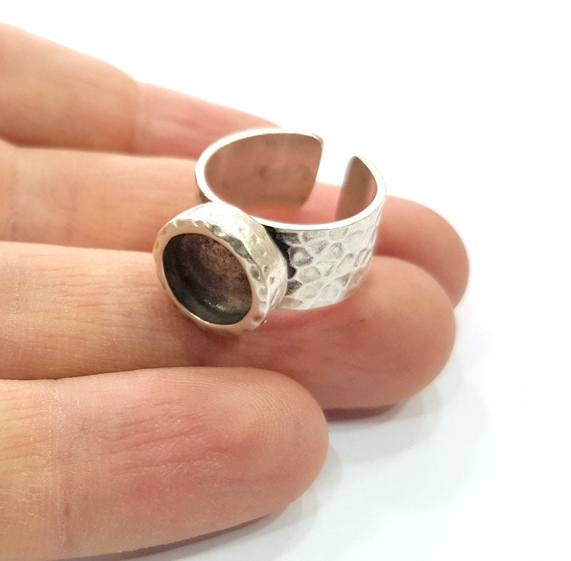 Ring Blank Setting Hammered Ring Base Bezel inlay Ring Backs Glass Cabochon Mounting Adjustable Antique Silver Plated Ring (10mm ) G16046