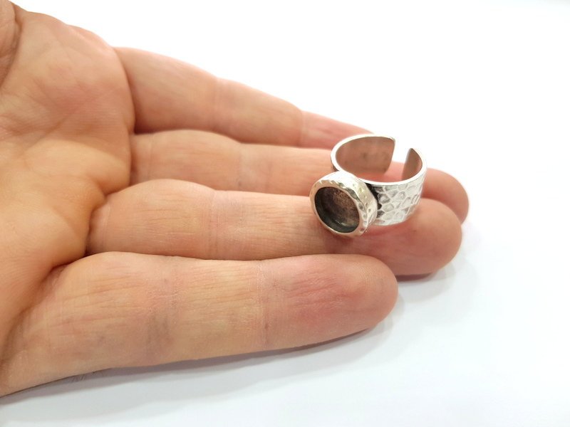 Ring Blank Setting Hammered Ring Base Bezel inlay Ring Backs Glass Cabochon Mounting Adjustable Antique Silver Plated Ring (10mm ) G16046