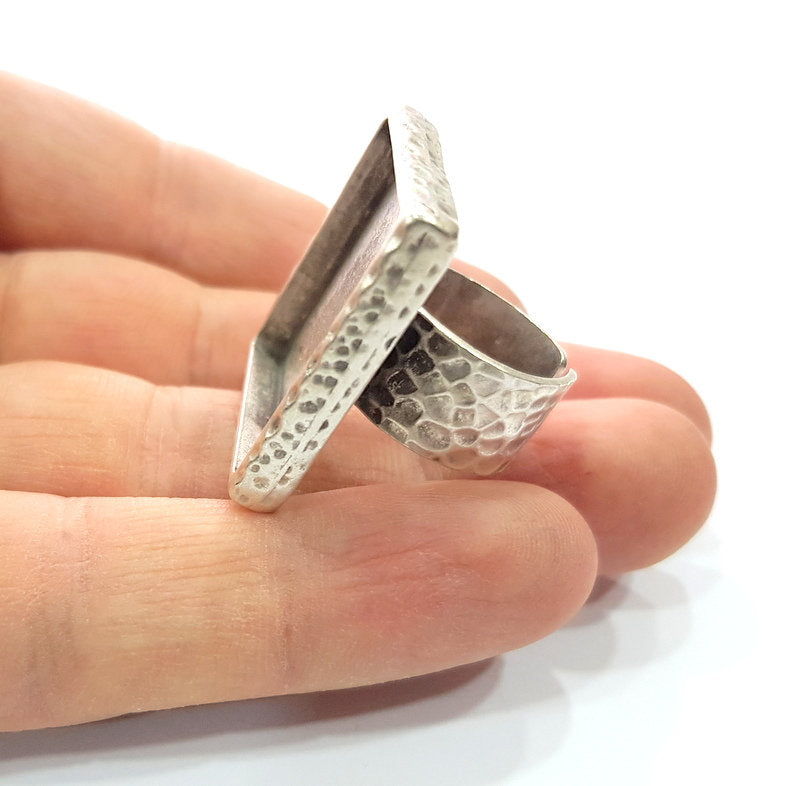 Ring Blank Setting Hammered Ring Base Bezel inlay Ring Backs Glass Cabochon Mounting Adjustable Antique Silver Plated Ring (25x25mm ) G16047