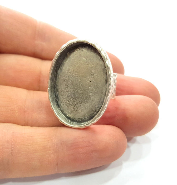 Ring Blank Setting Hammered Ring Base Bezel inlay Ring Backs Glass Cabochon Mounting Adjustable Antique Silver Plated Ring (30x22mm ) G16050