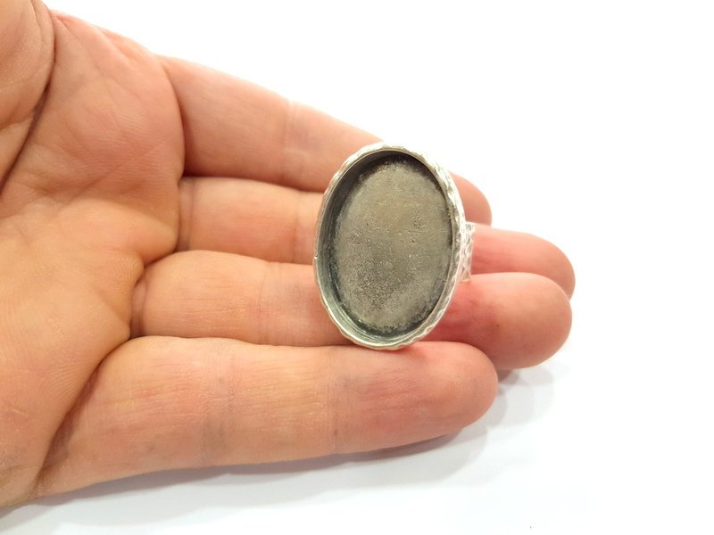Ring Blank Setting Hammered Ring Base Bezel inlay Ring Backs Glass Cabochon Mounting Adjustable Antique Silver Plated Ring (30x22mm ) G16050