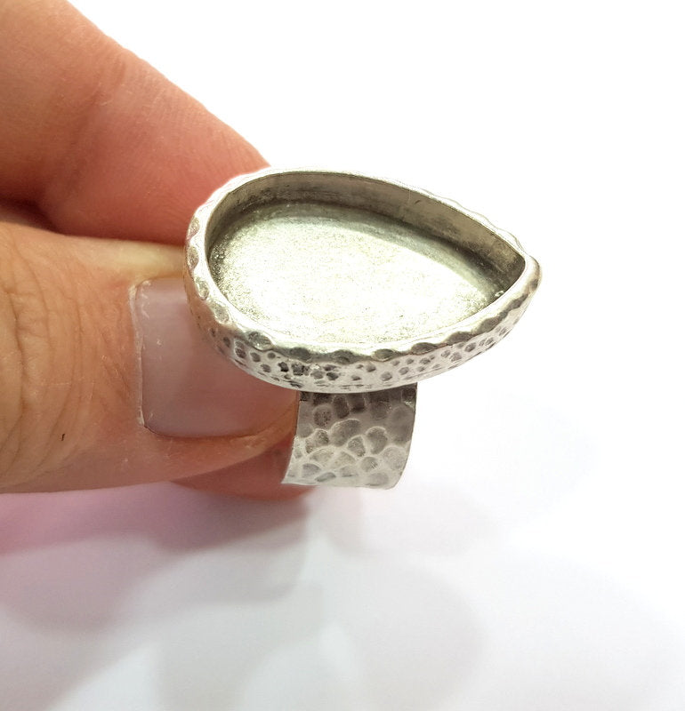 Ring Blank Setting Hammered Ring Base Bezel inlay Ring Backs Glass Cabochon Mounting Adjustable Antique Silver Plated Ring (25x18mm ) G16051