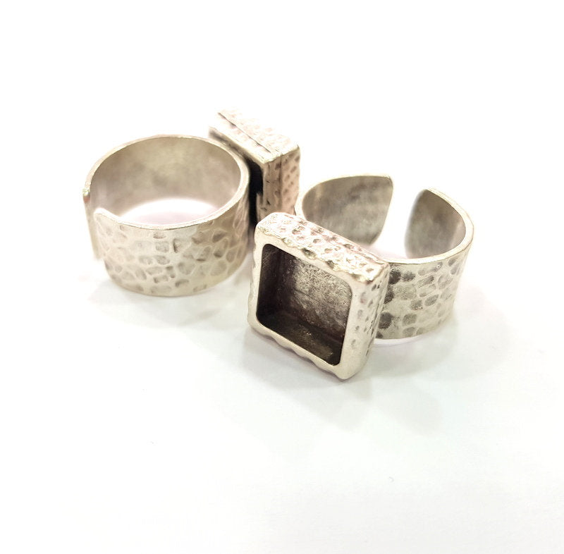 Ring Blank Setting Hammered Ring Base Bezel inlay Ring Backs Glass Cabochon Mounting Adjustable Antique Silver Plated Ring (10x10mm ) G16055