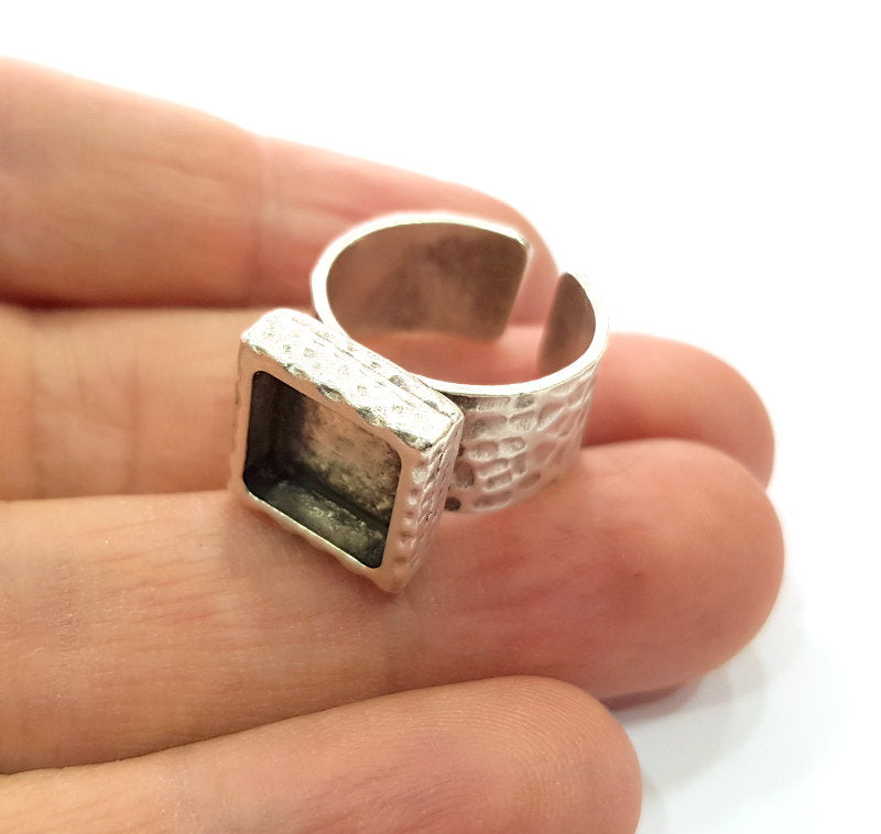 Ring Blank Setting Hammered Ring Base Bezel inlay Ring Backs Glass Cabochon Mounting Adjustable Antique Silver Plated Ring (10x10mm ) G16055