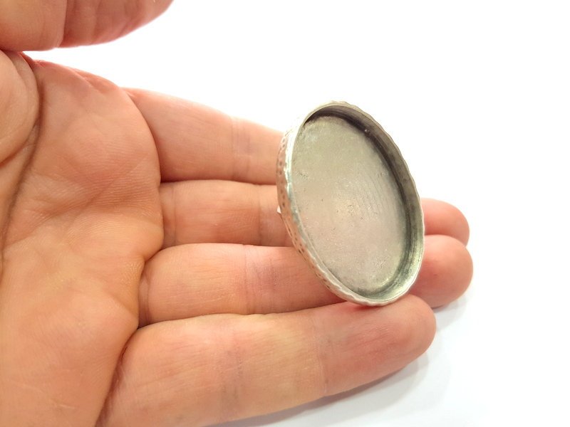 Ring Blank Setting Hammered Ring Base Bezel inlay Ring Backs Glass Cabochon Mounting Adjustable Antique Silver Plated Ring (40x30mm ) G16061