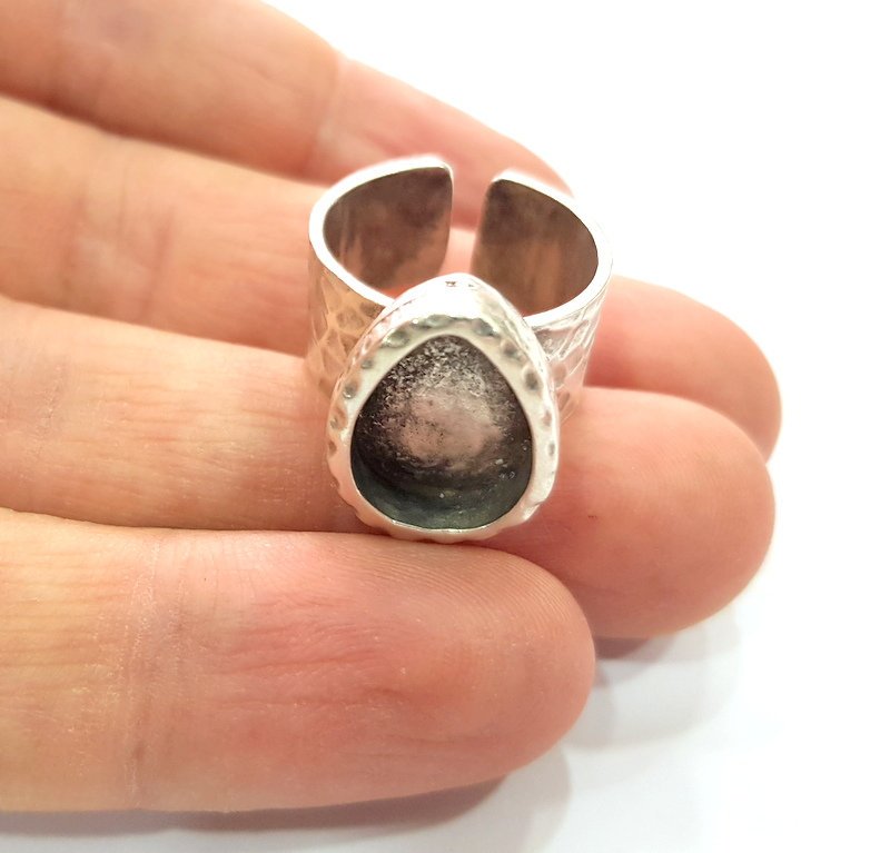 Ring Blank Setting Hammered Ring Base Bezel inlay Ring Backs Glass Cabochon Mounting Adjustable Antique Silver Plated Ring (14x10mm ) G16063