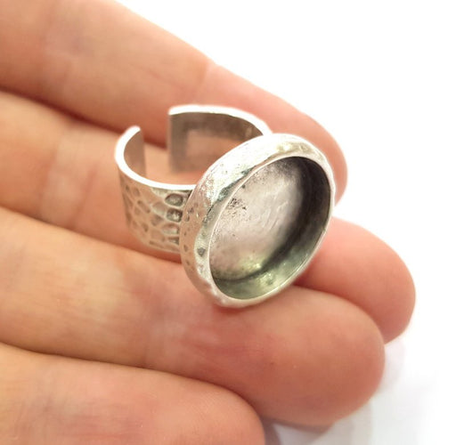 Ring Blank Setting Resin Dry Flower Base Hammered Ring Bezel inlay Back Glass Cabochon Mounting Adjustable Antique Silver Ring (18mm) G16067