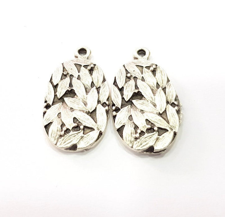2 Leaf Charms Antique Silver Plated Metal Charms (32x17mm)  G16073