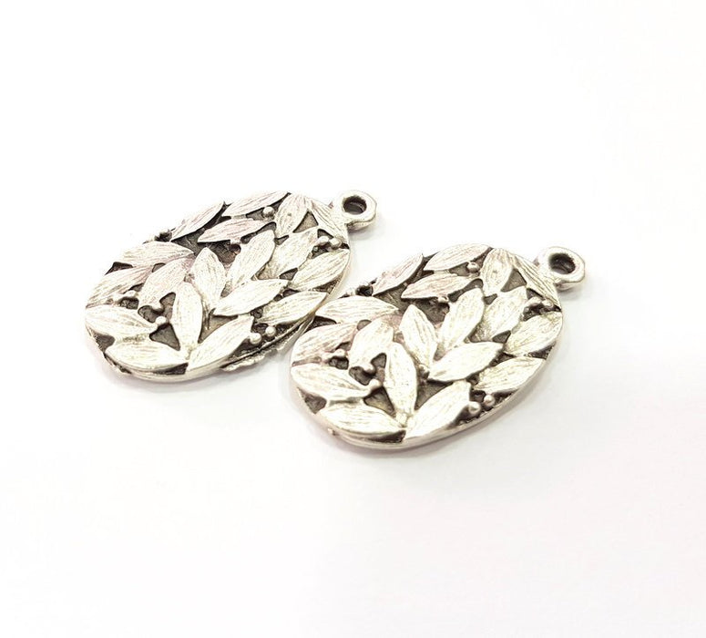 2 Leaf Charms Antique Silver Plated Metal Charms (32x17mm)  G16073