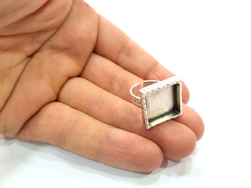 Ring Blank Setting Hammered Ring Base Bezel inlay Ring Backs Glass Cabochon Mounting Adjustable Antique Silver Plated Ring (16x16mm ) G16080