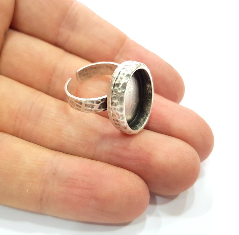 Ring Blank Setting Hammered Ring Base Bezel inlay Ring Backs Glass Cabochon Mounting Adjustable Antique Silver Plated Ring (18x13mm ) G16083