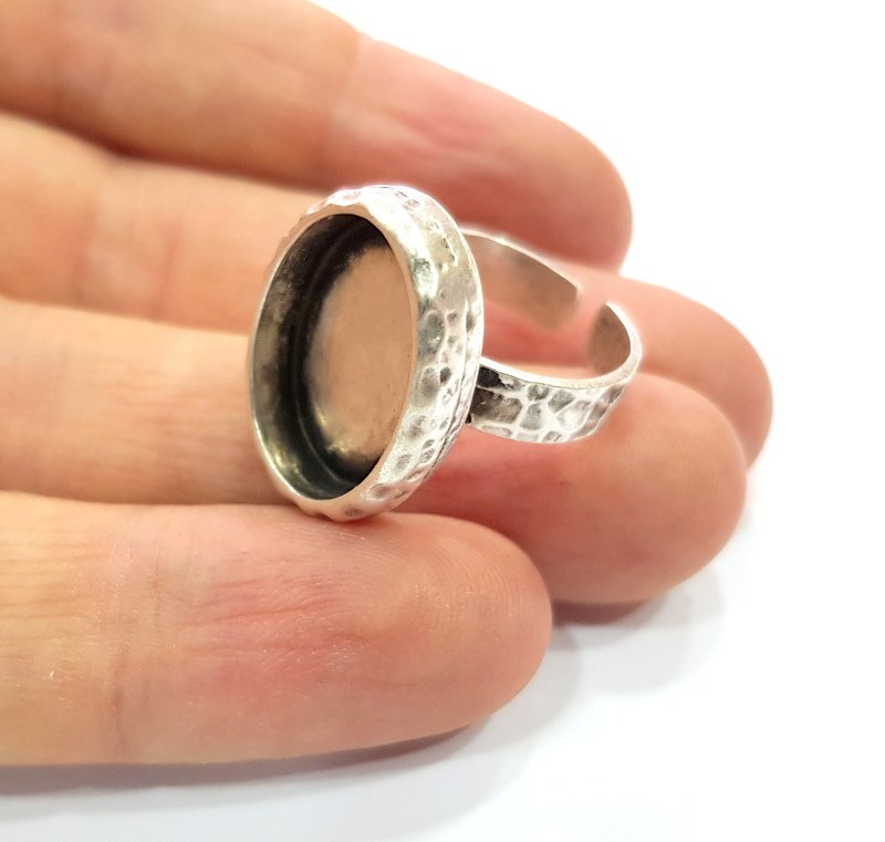 Ring Blank Setting Hammered Ring Base Bezel inlay Ring Backs Glass Cabochon Mounting Adjustable Antique Silver Plated Ring (18x13mm ) G16083