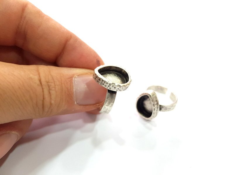 Ring Blank Setting Hammered Ring Base Bezel inlay Ring Backs Glass Cabochon Mounting Adjustable Antique Silver Plated Ring (14x10mm ) G16075