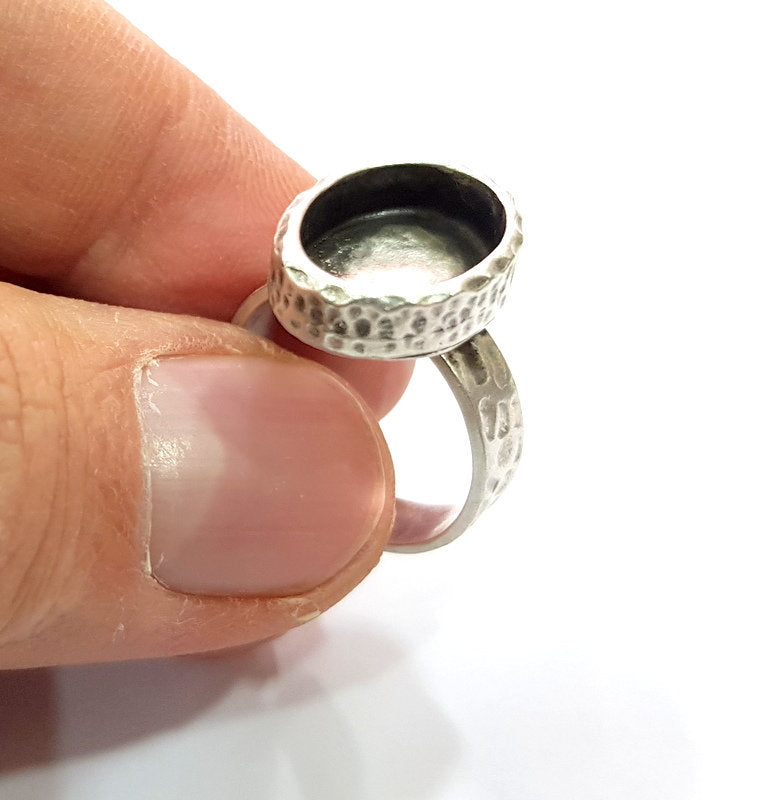 Ring Blank Setting Hammered Ring Base Bezel inlay Ring Backs Glass Cabochon Mounting Adjustable Antique Silver Plated Ring (14x10mm ) G16087