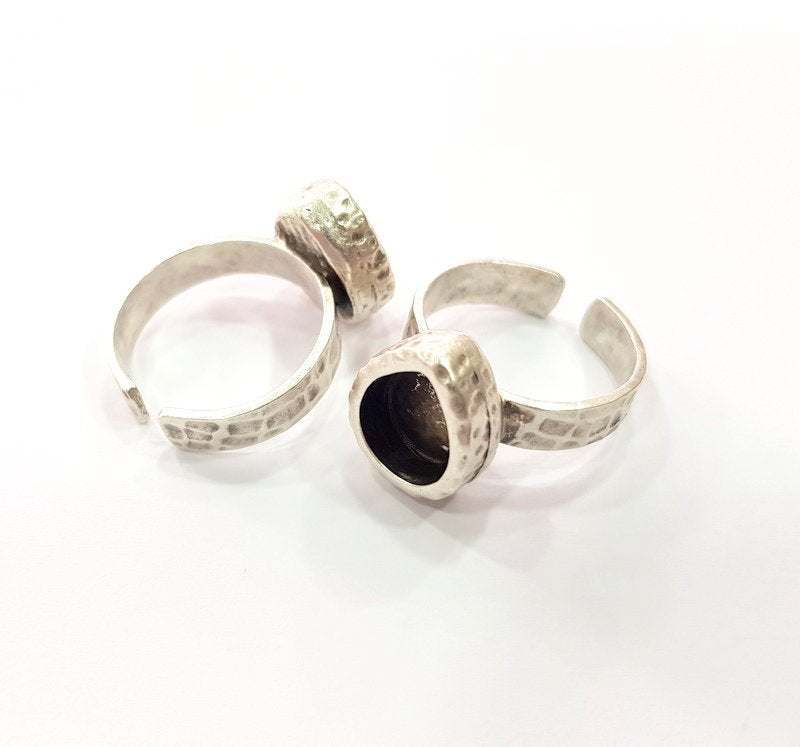 Ring Blank Setting Hammered Ring Base Bezel inlay Ring Backs Glass Cabochon Mounting Adjustable Antique Silver Plated Ring (10x8mm ) G16088
