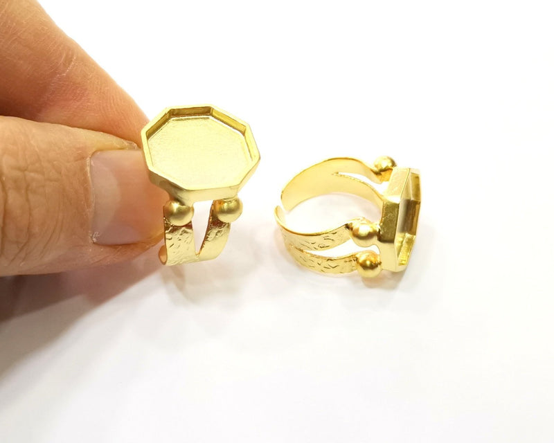 Octagonal Gold Ring Settings Blank Hammered inlay Ring Mosaic Ring Bezel Base Cabochon Mountings (15mm blank ) Gold Plated Brass G16949