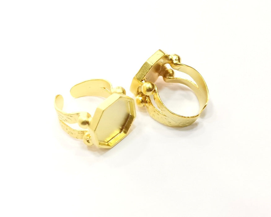 Octagonal Gold Ring Settings Blank Hammered inlay Ring Mosaic Ring Bezel Base Cabochon Mountings (15mm blank ) Gold Plated Brass G16949