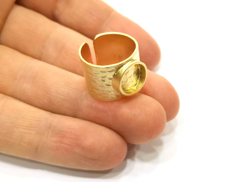Gold Ring Settings Blank Hammered inlay Ring Mosaic Ring Bezel Base Cabochon Mountings Adjustable (10mm blank ) Gold Plated Brass G16955