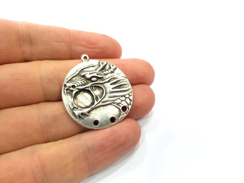 2 Dragon Charms Connector Findings Antique Silver Plated Metal Charms (30mm)  G17548