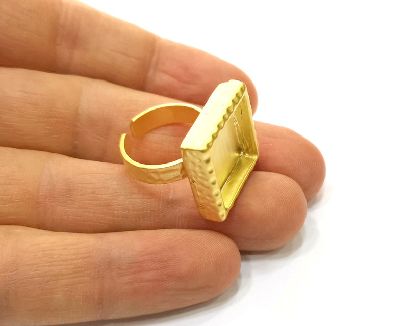 Hammered Ring Blank Setting Cabochon Base inlay Ring Hammered Mounting Adjustable Ring Bezel (16x16mm blank ) Gold Plated Metal G16973