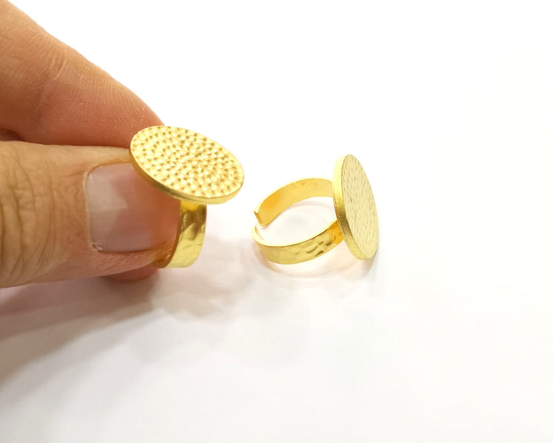 Gold Ring Blank Setting Cabochon Base Ring Hammered Mounting Adjustable Ring Bezel (20mm blank ) Gold Plated Metal G16975