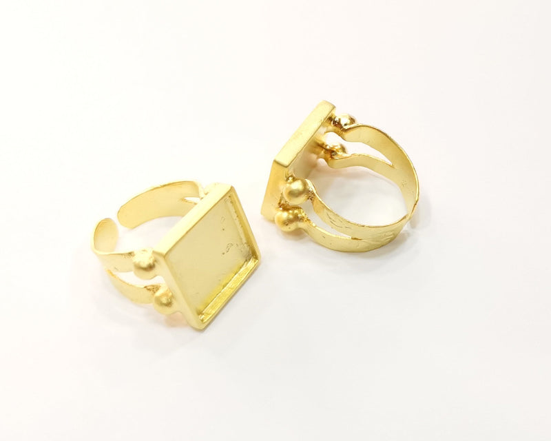 Gold Ring Settings Blank Hammered inlay Ring Mosaic Ring Bezel Base Cabochon Mountings Adjustable (15x15mm blank ) Gold Plated Brass G16988