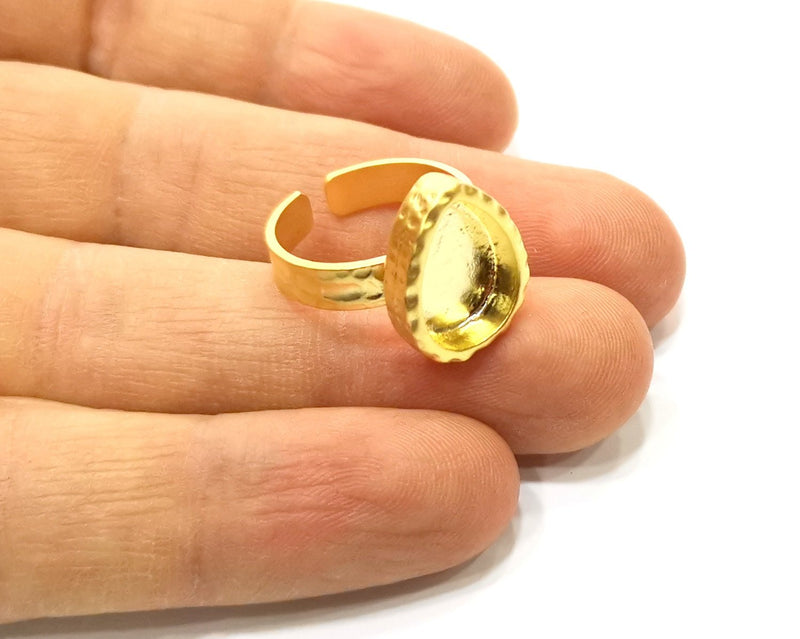 Hammered Ring Blank Setting Cabochon Base inlay Ring Hammered Mounting Adjustable Ring Bezel (14x10mm blank ) Gold Plated Metal G16990