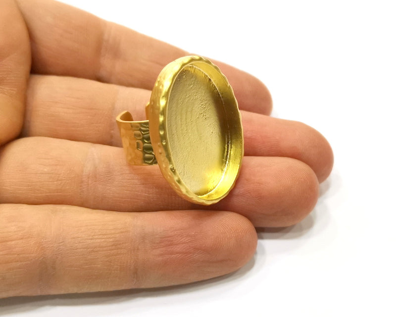 Hammered Ring Blank Setting Cabochon Base inlay Ring Hammered Mounting Adjustable Ring Bezel (30x22mm blank ) Gold Plated Metal G16991
