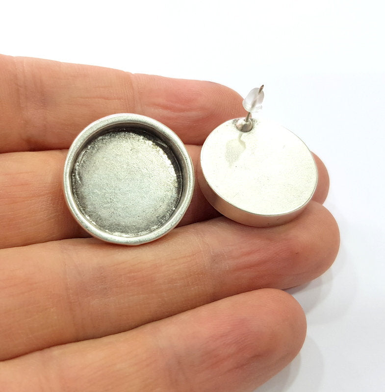 Earring Blank Base Backs Silver Resin Blank Cabochon Base inlay Blank Mountings Antique Silver Plated Metal (20mm blank) 1 Pair G16105